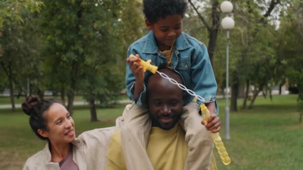 Vacker Afro Amerikansk Familj Promenader Tillsammans Parken Sommaren Liten Pojke — Stockvideo