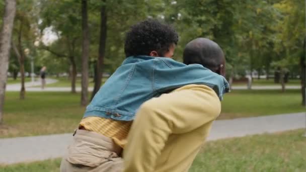 Glada Afro Amerikanska Mannen Snurrar Och Går Grön Gräsmatta Parken — Stockvideo