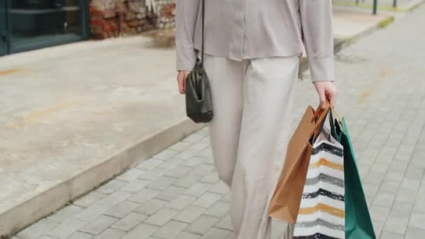 멋지게 차려입은 아리따운 아가씨가 쇼핑백을 거리를 미소를 — 비디오