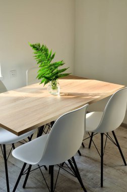 Çağdaş stüdyo dairesinin çekimleri. Mutfağı oturma odasına açık. İskandinav tarzı iç mekan