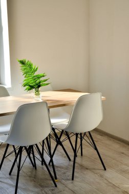 Çağdaş stüdyo dairesinin çekimleri. Mutfağı oturma odasına açık. İskandinav tarzı iç mekan