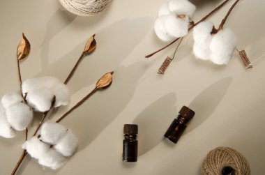 Bej arka planda çevre dostu biyokozmetik seti. Güzellik ürünleri - Kehribar cam damlatan şişeler ve pamuk yaprakları. Düz yatış, üst görünüm.