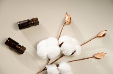 Bej arka planda çevre dostu biyokozmetik seti. Güzellik ürünleri - Kehribar cam damlatan şişeler ve pamuk yaprakları. Düz yatış, üst görünüm.