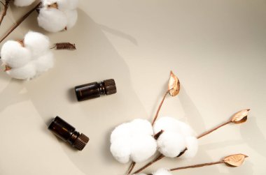 Bej arka planda çevre dostu biyokozmetik seti. Güzellik ürünleri - Kehribar cam damlatan şişeler ve pamuk yaprakları. Düz yatış, üst görünüm.