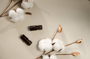 Bej arka planda çevre dostu biyokozmetik seti. Güzellik ürünleri - Kehribar cam damlatan şişeler ve pamuk yaprakları. Düz yatış, üst görünüm.