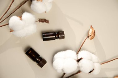 Bej arka planda çevre dostu biyokozmetik seti. Güzellik ürünleri - Kehribar cam damlatan şişeler ve pamuk yaprakları. Düz yatış, üst görünüm.