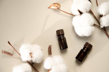 Bej arka planda çevre dostu biyokozmetik seti. Güzellik ürünleri - Kehribar cam damlatan şişeler ve pamuk yaprakları. Düz yatış, üst görünüm.