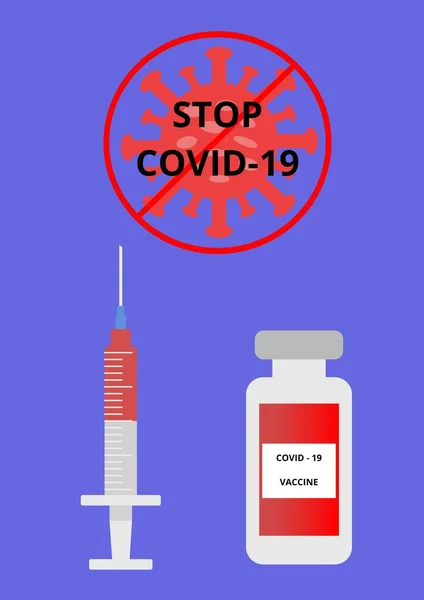Stop Covid Kolorowa Ilustracja Strzykawka Medyczna Szczepionką Przeciw Koronawirusowi Niszczy — Zdjęcie stockowe