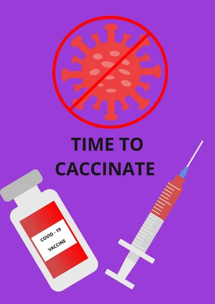 色のイラストをワクチン接種する時間 コロナウイルスワクチンによる医療用注射器はCovid 19ウイルスを破壊する コロナウイルスに対するワクチン接種の概念 紫色の背景に隔離 — ストック写真