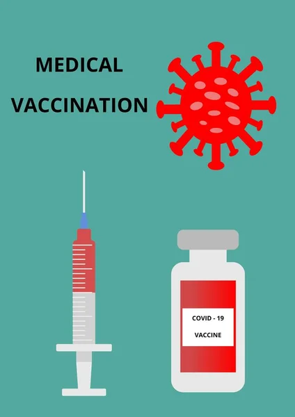 ワクチン接種カラーイラスト コロナウイルスワクチンによる医療用注射器はCovid 19ウイルスを破壊する コロナウイルスに対するワクチン接種の概念 緑の背景に隔離された ストック写真