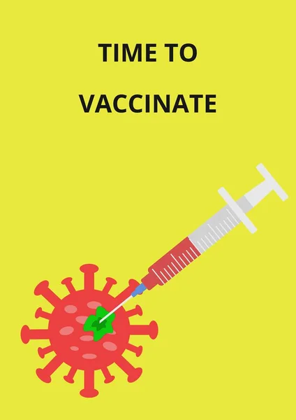 色のイラストをワクチン接種する時間 コロナウイルスワクチンによる医療用注射器はCovid 19ウイルスを破壊する コロナウイルスに対するワクチン接種の概念 黄色の背景に隔離された ロイヤリティフリーのストック画像