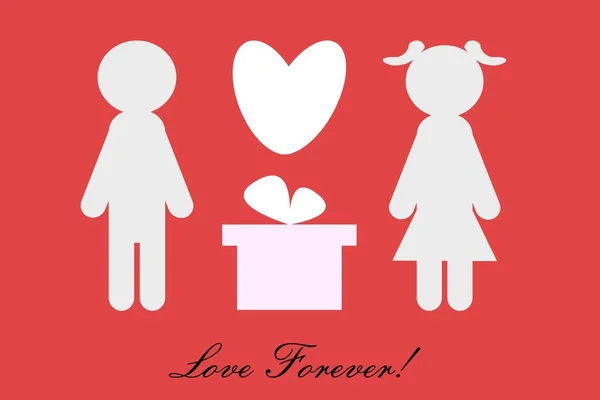 情人节快乐的例证 节日贺卡 横幅与文字字母 爱上心和礼品盒的夫妻 永远的爱以粉红为背景隔离 — 图库照片