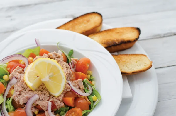 Свежий салат из тунца с поджаренным хлебом — стоковое фото
