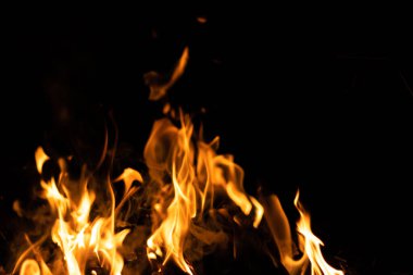 Siyah arka planda yangın. Soyut ateş dokusu. Gerçekçi alevler hareket çerçevesini yakar. Tasarım için doku. Ateşin dokusu. Yangın arka planı. Alevli kamp ateşi. Hassas odak.