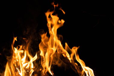 Siyah arka planda yangın. Soyut ateş dokusu. Gerçekçi alevler hareket çerçevesini yakar. Tasarım için doku. Ateşin dokusu. Yangın arka planı. Alevli kamp ateşi. Hassas odak.