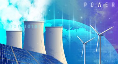 Ekoloji enerji çözeltisi. Nükleer enerji programı. Yenilenebilir enerji kaynakları. Yenilenebilir kaynaklardan gelen temiz elektrik enerjisi güneş ve rüzgar. 3d oluşturma.
