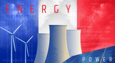 Güneş enerjisi panelleri, rüzgar türbinleri ve Fransa bayraklı nükleer enerji santrali..