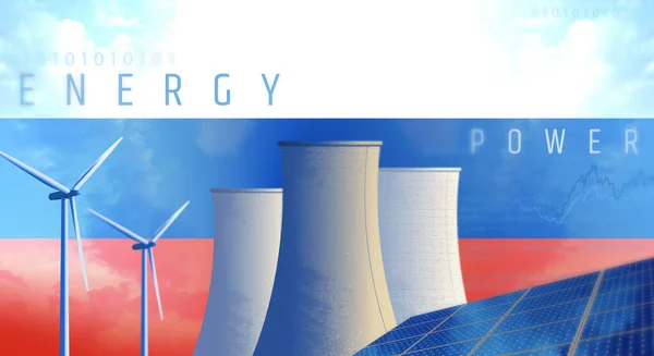 Solar Energy Panels Wind Turbines Nuclear Power Plant Russia Flag — Stock Photo, Image