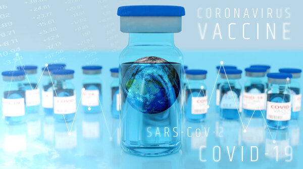 Worldwide vaccination concept. Ampoules with Covid-19 vaccine. To fight the coronavirus/SARS-CoV-2 pandemic. 3d illustration.