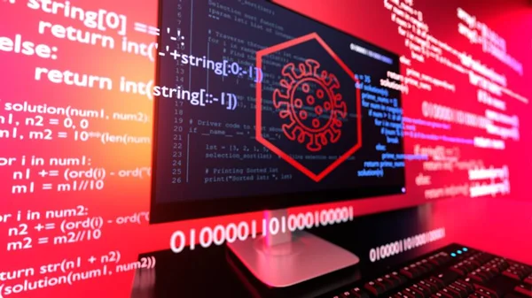 Programlama kodlu bilgisayar ekranı, bilgisayar güvenliği kavramı, kötü amaçlı yazılım, virüs veya hacker saldırısı. 3d illüstrasyon.