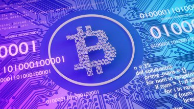 Bitcoin ve engelleme pankartı çizimi. Madencilik ve ticaret bitcoin kavramı.