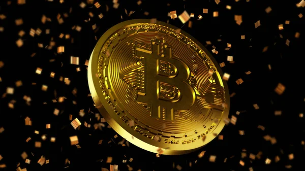 Bitcoin yeni rekor kırdı. Siyah arka planda Bitcoin ve konfeti. Bitcoin ve engelleme pankartı çizimi. Madencilik ve ticaret bitcoin kavramı.