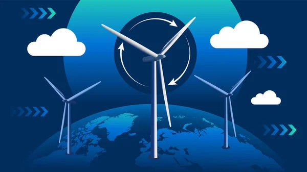 Renewable Power Energy Generation Concept Wind Turbines Earth Globe Navy — Stock Vector