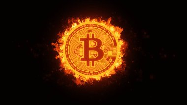 Burning bitcoin isolated on black background.