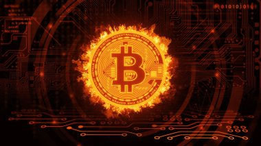 Bitcoin Energy Consumption. Burning bitcoin cryptocurrency, virtual money concept. 