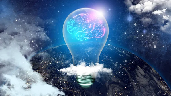 Light bulb with a brain against the background of the Earth. Innovation future and technology.