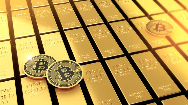 Illustration Von Goldbarren Und Bitcoin Währungssymbolen Börsen Und Bankenkonzept — Stockfoto