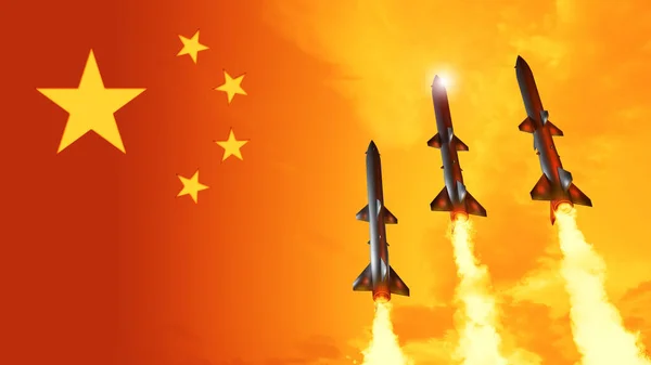 Kina Flagga Med Missiler Kina Kärnvapenmissil Attack — Stockfoto
