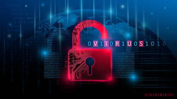Security breach, system hacked alert with red broken padlock icon showing unsecure data under cyberattack, vulnerable access, compromised password, virus infection, internet network with binary code