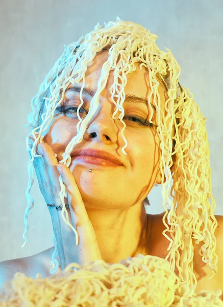 Funny Hungry Girl Curly Noodles Her Head — Stock Photo, Image