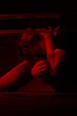 Korku odasında kırmızı ışığı olan genç bir kızın korkunç portresi..