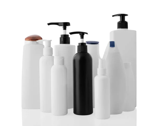 Set White Black Different Plastic Bottles Jars Isolated Clean White — Stock Photo, Image