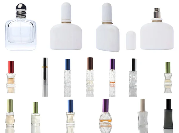 Sada Různých Tvarovaných Lahví Pro Parfém Izolované Bílém Pozadí — Stock fotografie