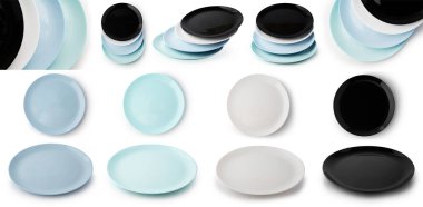 Boş düz plaka kümesi farklı renk, üst ve yan görünüm ve beyaz arkaplanda izole edilmiş plakalar.