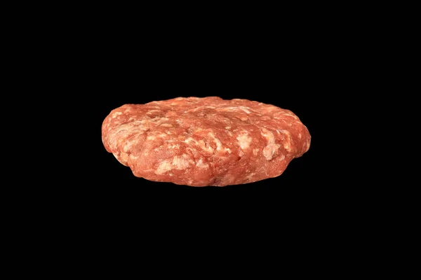 Rauw Ongekookt Vlees Cutlet Geïsoleerd Zwarte Achtergrond Hamburger Ingrediënt — Stockfoto