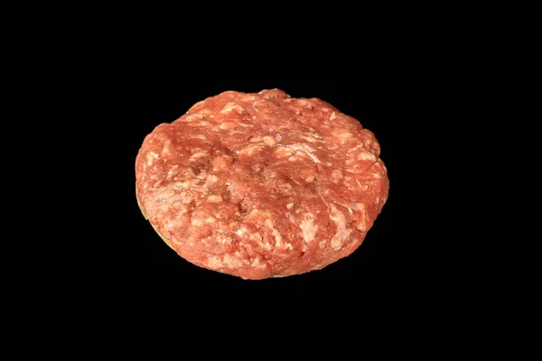 Rauw Ongekookt Vlees Cutlet Geïsoleerd Zwarte Achtergrond Hamburger Ingrediënt — Stockfoto