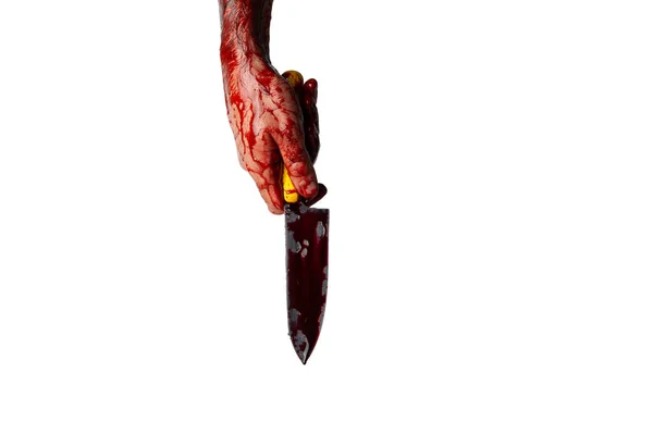 白い背景に隔離されたナイフで手をブラッディ — ストック写真