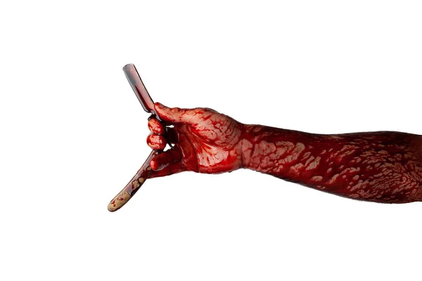 Blutige Hand Mit Rasiermesser Isoliert Auf Weißem Hintergrund — Stockfoto
