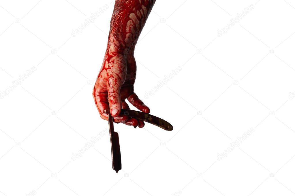 Bloody hand with straight razor isolated on white background.