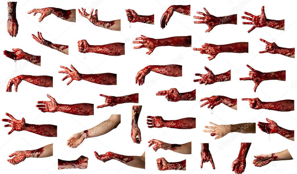 Set of bloody male hands isolated on white background.