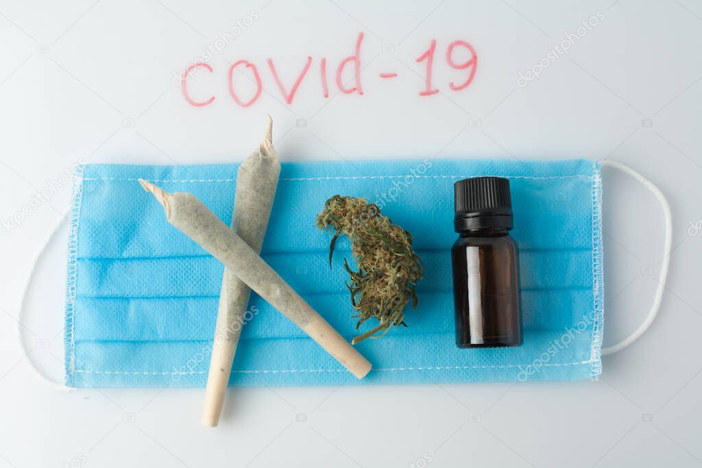 Marijuana prevention of coronavirus. Research on the effect of CBD, THC on the respiratory system and drug test. Covid 19 concept of marijuana use during an epidemic.