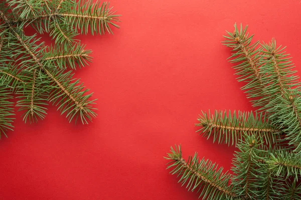 Christmas Background Red Paper Branches New Year Tree Space Text — Stock Photo, Image