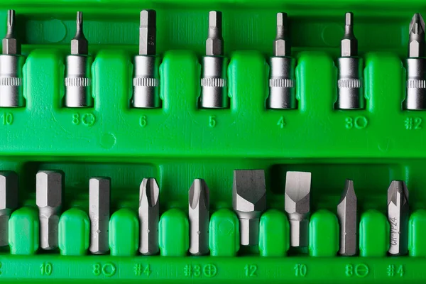 Conjunto Ferramentas Mecânicas Close Caixa Ferramentas Mecânico Caixa Armazenamento Verde — Fotografia de Stock