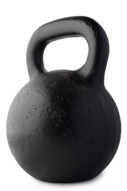 SSCB, beyaz arka planda izole edilmiş demir siyah kettlebell döşedi. Ağırlık 2 pood, 72 pound, 32 kg..