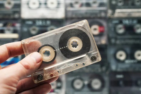 Hand Holds Cassette Retro Tape Cassette Music Old Music — Stock Photo, Image