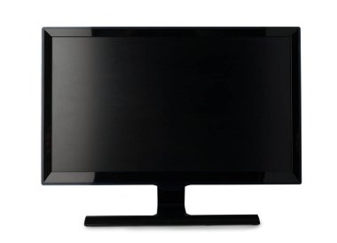 Beyaz arkaplanda geniş ekran siyah monitör izole edildi. Kapalı.